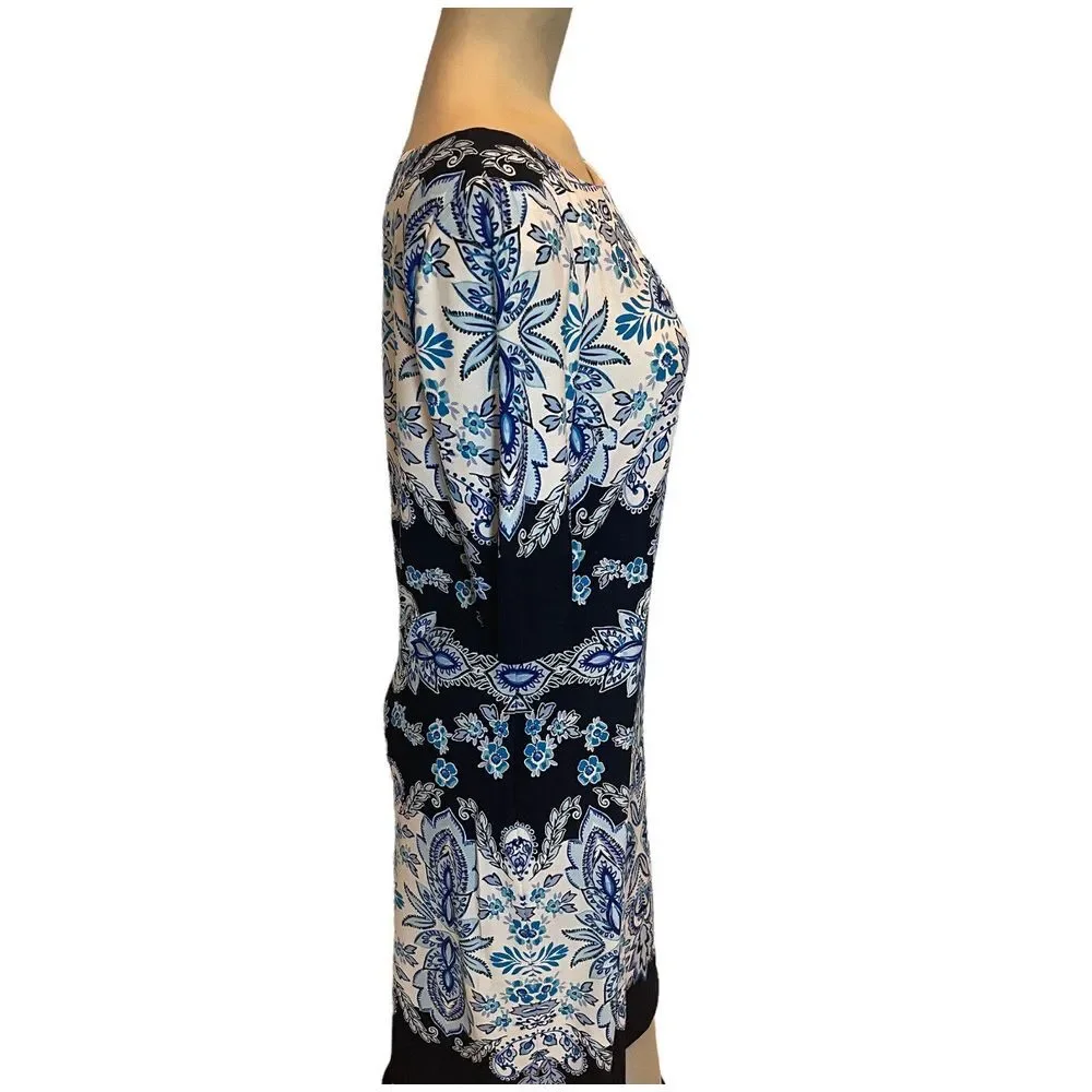 Eliza J Sheath Dress Women's Size 4 Print Blue Victorian Geom Pattern Crew‎ Neck